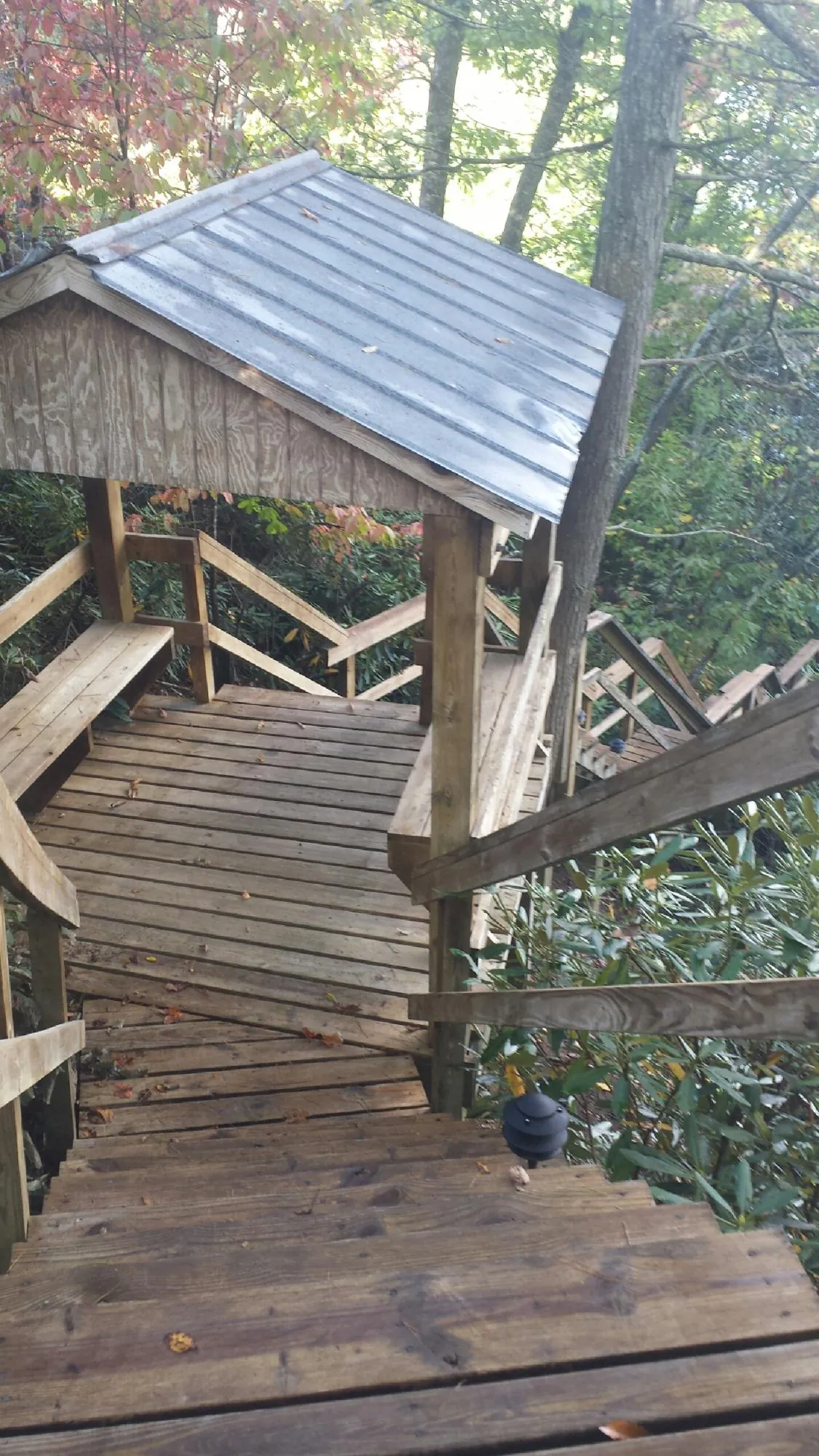 Metal roofed shelter over wooden steps on a wooded walkway — Skylight Repair & Installation work by our crew in Reasnor